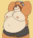  2021 absurd_res anthro belly big_belly blush canid canine clothing hi_res inushishigami male mammal moobs nipples overweight overweight_male raccoon_dog simple_background solo tanuki text underwear 