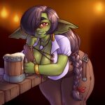  absurd_res beverage big_breasts bottomwear braided_hair breasts cleavage clothed clothing container cup ear_piercing ear_ring female goblin hair hair_over_eye hi_res huge_breasts humanoid imaginaricide not_furry one_eye_obstructed pants piercing solo 