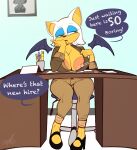  absurd_res anthro areola beauty_mark big_breasts breasts censor_bar chair chiropteran desk dialogue english_text female furniture goat-kun hi_res high_heels huge_breasts mammal nipple_slip nipples office office_chair pencil_(object) rouge_the_bat ruler sega sitting solo sonic_the_hedgehog_(series) table text wings 