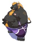  2022 anthro belly big_belly biped black_body black_nose bottomwear bovid bovine cattle clothing gokrakstyle green_eyes hi_res humanoid_hands kemono male mammal moobs nipples obese obese_male overweight overweight_male pants simple_background solo 