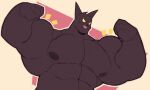  2022 abs anthro areola barazoku biceps big_biceps big_muscles big_pecs black_body black_fur blush colored flat_colors flexing fur hi_res huge_muscles huge_pecs league_of_legends male muscular muscular_male nipples pecs riot_games simple_background small_head smile smirk solo tkckid tongue tongue_out veigar video_games yordle 