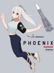  1girl ahoge aim-54_phoenix artist_name atamonica bangs blush denim highres jeans long_hair looking_at_viewer military missile original pants personification shoes silver_hair smile sneakers v weapon 