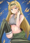  1girl animal_ear_fluff animal_ears arknights bangs bare_arms bare_shoulders blonde_hair blue_background blush breasts choker commentary_request crop_top eyebrows_visible_through_hair feet_out_of_frame green_choker green_eyes grey_hairband hairband hand_up highres horn_(arknights) knee_up large_breasts long_hair looking_at_viewer magaasha midriff navel sitting solo sports_bra stomach striped striped_legwear thighhighs vertical-striped_legwear vertical_stripes very_long_hair wolf_ears 