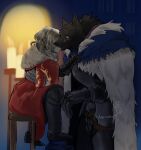  2022 ambiguous_gender anthro armor biped black_body black_fur blaidd_(elden_ring) breastplate canid canine canis cloak clothing digital_media_(artwork) duo elden_ring facial_scar fromsoftware fur furniture gauntlets gloves greaves handwear hi_res human inside kissing larger_anthro larger_male male male/ambiguous mammal rikufanattic scar sitting size_difference smaller_ambiguous smaller_human stool tassets video_games wide_eyed wolf 