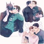  2boys bara batman batman_(series) black_bodysuit black_hair black_shirt bodysuit brown_hair bruce_wayne closed_eyes couple covered_abs cupcake dc_comics domino_mask food gloves green_bodysuit green_lantern green_lantern_(series) hal_jordan highres holding holding_food holding_phone htnks2 jewelry kiss large_pectorals looking_at_another looking_at_phone male_focus mask multiple_boys muscular muscular_male pectorals phone ring shirt short_hair twitter_username two-tone_bodysuit white_gloves white_shirt yaoi 