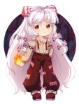  1girl baggy_pants bamboo bamboo_forest bangs buttons chibi circle dungeon_toaster fire forest fujiwara_no_mokou hair_ribbon highres imperishable_night long_hair looking_to_the_side nature night night_sky orange_eyes overalls pants red_footwear red_pants ribbon shirt sky sleeve_cuffs tomboy touhou very_long_hair white_background white_hair white_shirt 