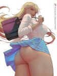  1girl ass bag bangs barbell_piercing blonde_hair blue_skirt breasts butt_crack clothes_lift collared_shirt colored_tips covered_nipples cowboy_shot dress_shirt ear_piercing earrings fake_nails gradient_hair ignite_(artist) jewelry kitagawa_marin large_breasts long_hair multicolored_hair no_panties patreon_logo patreon_username piercing plaid plaid_skirt red_eyes red_hair school_bag shirt skirt skirt_lift solo sono_bisque_doll_wa_koi_wo_suru swept_bangs white_background white_shirt 