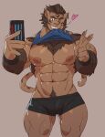  &lt;3 abs anthro beard brown_body brown_fur brown_hair chesschirebacon clothed clothing facial_hair felid final_fantasy final_fantasy_xiv fur hair hi_res hrothgar male mammal muscular muscular_anthro muscular_male nipples pecs phone raised_clothing raised_shirt raised_topwear selfie shirt solo square_enix tank_top topwear underwear video_games 