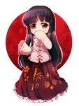  1girl artist_name bamboo_print bangs black_hair chibi dungeon_toaster floral_print highres hime_cut houraisan_kaguya imperishable_night japanese_clothes kimono leaf_print long_hair long_sleeves looking_at_viewer red_eyes ribbon smile touhou white_background wide_sleeves 