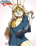  2020 anthro blonde_hair blue_eyes chi_(inktiger) clothing colored eyewear female glasses gradient_background hair holding_hair hybrid inktiger lagomorph legs_together leopard_spots leporid mammal rabbit shaded signature simple_background smile solo spots sweater text topwear touching_hair url watermark 