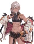  1girl abs bangs breasts coat_partially_removed crop_top dark-skinned_female dark_skin ear_piercing fiorito_(granblue_fantasy) gloves granblue_fantasy grey_eyes grey_hair highres jacket jewelry looking_at_viewer midriff mou_pl muscular muscular_female piercing short_hair shorts small_breasts solo tan toned white_jacket 