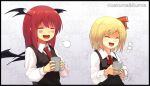  +++ 2girls :d =3 =_= ^_^ artist_request ascot bat_wings black_vest blonde_hair blush_stickers bow character_name closed_eyes collared_shirt cup dress_shirt eyebrows_visible_through_hair grey_background hair_between_eyes hair_bow happy head_wings highres holding holding_cup koakuma long_hair long_sleeves multiple_girls necktie painttool_sai_(medium) pointy_ears red_ascot red_bow red_hair red_necktie rumia shirt short_hair sidelocks simple_background smile spilling touhou upper_body vest white_shirt wings 