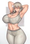  1girl absurdres armpits arms_behind_head arms_up bangs bare_shoulders blush breasts cleavage closed_eyes collarbone grey_hair grey_pants grey_sports_bra grin hair_over_shoulder highres huge_breasts kelvin_hiu long_hair low_tied_hair navel pants smile solo sports_bra standing tight tight_pants uzaki-chan_wa_asobitai! uzaki_tsuki yoga_pants 