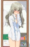  1girl ada_badguy anchovy_(girls_und_panzer) bangs blush breasts cleavage collared_shirt embarrassed girls_und_panzer hair_down highres light_green_hair long_hair no_pants partially_unbuttoned red_eyes shirt solo thighs through_mirror white_shirt 