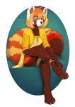  2022 4_toes 5_fingers absurd_res ailurid anthro brown_body brown_fur clothed clothing digital_media_(artwork) eyebrows eyelashes feet female fingers fur hair hi_res kyotoleopard mammal red_panda smile solo toes 