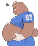  2022 absurd_res anthro belly big_belly blush bodily_fluids bottomwear brown_body canid canine canis clothing domestic_dog hi_res jamiephut kemono male mammal obese obese_male overweight overweight_male pants shirt simple_background solo sweat topwear white_background 