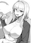  1girl bangs blush book breasts carmilla_(fate) couch eyebrows_visible_through_hair fate/grand_order fate_(series) fue_(rhomphair) glasses greyscale highres large_breasts looking_at_viewer monochrome motion_lines nail_polish open_mouth signature sitting smile 