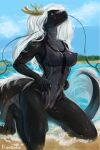  2022 anthro antlers asian_mythology black_body black_scales blue_eyes breasts day detailed_background digital_media_(artwork) dragon east_asian_mythology eastern_dragon eleacat female hair hi_res horn mythology non-mammal_breasts outside scales sky solo white_hair 