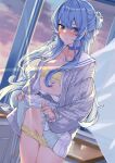  1girl bangs belt blue_choker blue_eyes blue_hair blush bra cardigan choker classroom commentary_request curtains eyebrows_visible_through_hair grey_belt grey_cardigan hair_ribbon hcz_n highres hololive hoshimachi_suisei indoors lifted_by_self long_hair long_sleeves open_cardigan open_clothes open_shirt panties panty_pull ribbon sailor_collar skirt solo standing star_(symbol) star_in_eye symbol_in_eye underwear virtual_youtuber white_ribbon white_sailor_collar white_skirt window yellow_bra yellow_panties 