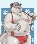  2022 anthro balls_outline behemoth_(housamo) belly big_belly black_nose bulge clothed clothing cute_fangs erection erection_under_clothing genital_outline hi_res humanoid_hands kemono lifewonders male moobs nipples one_eye_closed overweight overweight_male penis_outline sangguri_32 solo tokyo_afterschool_summoners underwear video_games 