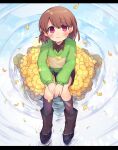  1girl bangs black_shorts blush_stickers boots brown_footwear brown_hair brown_legwear brown_shirt chara_(undertale) closed_mouth collared_shirt falling_leaves flower from_above green_sweater head_tilt heart heart_necklace knees_together_feet_apart leaf long_sleeves looking_at_viewer looking_up on_floor on_flower own_hands_together red_eyes shirt short_hair shorts sitting smile striped striped_sweater sweater undertale water xox_xxxxxx yellow_flower 