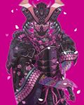  1boy alex_dos_diaz arm_tattoo armor bead_necklace beads brown_eyes english_commentary helmet highres holding holding_sword holding_weapon horns japanese_armor jewelry katana male_focus mask necklace original pink_background samurai solo sword tattoo v-fin weapon 