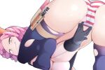  1girl ass black_gloves boku_no_hero_academia breast_press breasts cameltoe come_hither commentary english_commentary foreshortening gloves hatsume_mei hot_vr large_breasts looking_at_viewer looking_back no_pants no_shoes panties patreon_logo patreon_username pink_hair pixiv_logo pixiv_username simple_background skindentation smirk solo striped striped_panties thigh_strap thighhighs thighs top-down_bottom-up torn_clothes torn_legwear underboob underwear white_background yellow_eyes 