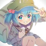  1girl backpack bag blue_hair blush eyebrows_visible_through_hair face feet_out_of_frame from_above green_headwear grin hair_bobbles hair_ornament hat highres kawashiro_nitori long_sleeves looking_at_viewer shiroi_karasu shirt short_hair sitting smile solo touhou two_side_up v 