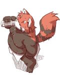  2022 ailurid anthro belly black_body black_nose blush drinking eyes_closed humanoid_hands kemono male mammal moobs nipples overweight overweight_male red_body red_panda simple_background solo takagi_kyou towel wet 