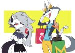  anthro bag canid canid_demon canine canis cellphone demon duo eyewear female fur grey_body grey_fur hellhound helluva_boss illumination_entertainment loona_(helluva_boss) mammal open_mouth phone porsha_crystal red_sclera simple_background sing_(movie) sunglasses unknown_artist white_body white_fur wolf 