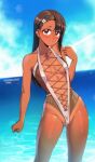  1girl arwald bare_arms bare_legs black_hair blush breasts breasts_apart dark-skinned_female dark_skin hair_ornament hairclip highleg highleg_swimsuit highres ijiranaide_nagatoro-san long_hair looking_at_viewer nagatoro_hayase ocean small_breasts solo standing swimsuit tan tanlines 