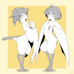  4_fingers anthro avian beak bikini biped bird bottomless breasts bunbury chest_wraps clothed clothing digital_media_(artwork) digitigrade duo falcon falconid feathered_wings feathers female fingers fluffy grey_body grey_feathers grey_hair grey_tail grey_tail_feathers greyscale hair hi_res humanoid_hands looking_at_viewer monochrome monotone_hair monotone_wings multicolored_body multicolored_feathers navel open_mouth open_smile screentone short_hair side_view simple_background skimpy slim sling_bikini small_breasts smile standing swimwear tail_feathers talons three-quarter_view two_tone_body two_tone_feathers white_body white_eyes white_feathers white_wings winged_arms wings wraps yellow_background 