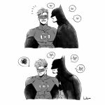  2boys batman_(series) blush bodysuit bruce_wayne cape closed_eyes dc_comics domino_mask embarrassed green_lantern_(series) greyscale hal_jordan heart htnks2 looking_at_another male_focus mask monochrome multiple_boys open_mouth short_hair smile yaoi 