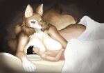  5_fingers anthro bed bed_covers bed_sheet bedding big_breasts biped black_hair black_nose blush breasts brown_background brown_body brown_ears brown_fur brown_hair bunbury canid canine canis cheek_tuft colored countershade_face countershade_torso countershading curvy_figure digital_media_(artwork) dipstick_tail duo eye_contact eyelashes facial_tuft female female_on_human fingers fluffy fluffy_tail front_view fur furniture gloves_(marking) hair half-length_portrait huge_breasts human human_on_anthro humanoid_hands inner_ear_fluff interspecies larger_anthro larger_female light_body light_skin long_hair looking_at_another looking_at_partner lying male male/female male_on_anthro mammal markings monotone_ears monotone_hair multicolored_body multicolored_fur multicolored_tail nude on_back on_bed on_side pillow portrait pupils romantic romantic_couple shaded short_hair side_view simple_background size_difference slit_pupils smaller_human smaller_male smile snout tail_markings tan_body tan_fur tan_inner_ear tan_inner_ear_fluff tuft under_covers voluptuous white_body white_countershading wide_hips wolf yellow_eyes 