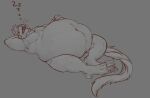  2018 anthro belly belly_tuft big_belly charr chest_tuft claws dagos felid female greyscale guild_wars hand_on_stomach horn lying mammal monochrome nude obese obese_anthro on_back overweight overweight_anthro sleeping solo sound_effects tail_tuft tuft video_games whiskers zzz 