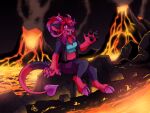  anthro canid canid_demon clothed clothing cloven_hooves demon female hellhound hooves horn looking_at_viewer mammal pyruvic the-chu volcano waving_at_viewer 
