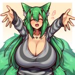  :d ^_^ absurdres animal_ear_fluff animal_ears bandaid bandaid_on_face bandaid_on_nose blush borrowed_character breasts cleavage closed_eyes commission fox_ears fox_tail green_hair happy heart highres horns huge_breasts incoming_hug koohiitei_shinbo long_hair multiple_tails original skeb_commission smile striped striped_sweater sweater tail tsutsune_(pyobbo) very_long_hair 