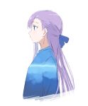  1girl bangs blue_eyes blue_ribbon blue_shirt breasts coffeekite fate/extra fate/extra_ccc fate_(series) hair_ribbon highres long_hair long_sleeves meltryllis_(fate) profile purple_hair ribbon shirt small_breasts solo very_long_hair 