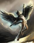  anthro beak black_beak black_body black_feathers day detailed_background feathered_wings feathers feet fingers hi_res hybrid male outside safiru sky solo toes wings 