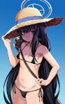  1girl adjusting_clothes adjusting_headwear armpit_hair bags_under_eyes bangs bikini black_bikini black_hair blue_archive blue_eyes crossed_bangs de_lisle_carbine halo hat highres kaauchi long_hair looking_at_viewer micro_bikini navel pubic_hair pubic_hair_peek ribs side-tie_bikini simple_background solo straw_hat sweat sweatdrop swimsuit ui_(blue_archive) very_long_hair 