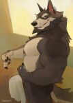  0rang3 absurd_res anthro biceps canid canine canis clothed clothing ear_piercing erection erection_under_clothing fangs genitals hi_res looking_at_viewer male mammal muscular muscular_anthro muscular_male nipple_piercing nipples pecs penis piercing solo wolf 