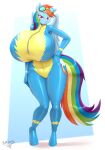  2022 absurd_res anthro big_breasts breasts collaboration cutie_mark equid equine eyewear female friendship_is_magic goggles gradient_background hi_res huge_breasts hyperstorm_h lettuce_(artist) lidded_eyes mammal my_little_pony pegasus rainbow_dash_(mlp) simple_background solo unguligrade_anthro wings wonderbolts_uniform 