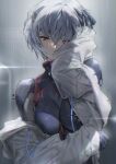  1girl ayanami_rei blue_hair breasts evangelion:_3.0+1.0_thrice_upon_a_time hair_between_eyes highres jacket large_breasts looking_at_viewer mhk_(mechamania) neon_genesis_evangelion plugsuit rain rebuild_of_evangelion red_eyes revision short_hair solo wet wet_hair white_jacket 