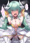  1girl @_@ bangs bare_shoulders bikini blush bow breasts cleavage detached_collar dragon_girl dragon_horns fate/grand_order fate_(series) green_hair hair_bow highres horns japanese_clothes kazami_chiu kimono kiyohime_(fate) kiyohime_(swimsuit_lancer)_(fate) long_hair long_sleeves looking_at_viewer medium_breasts multiple_horns off_shoulder open_mouth sitting solo steaming_body swimsuit tearing_up thighhighs translation_request wariza wavy_mouth white_kimono white_legwear wide_sleeves yellow_bikini yellow_bow yellow_eyes 