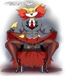  abstract_background absurd_res anthro anthrofied blush bodily_fluids business_suit chair clothed clothing clothing_lift crovirus delphox dress dress_lift english_text eyelashes eyewear female furniture genital_fluids genitals glasses hi_res high_heels inner_ear_fluff legwear lipstick makeup mature_female nintendo open_mouth pok&eacute;mon pok&eacute;mon_(species) presenting presenting_pussy pussy pussy_juice red_eyes red_lipstick sharp_teeth shoulder_pads sitting smile speech_bubble spread_legs spreading steam suit teacher teeth text thigh_highs tuft video_games 