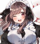  1girl apron beeftanizoko blush breasts brown_eyes brown_hair cake eyebrows_visible_through_hair food frills hair_ribbon highres idolmaster idolmaster_shiny_colors juliet_sleeves large_breasts long_hair long_sleeves looking_at_viewer maid maid_apron maid_headdress necktie one_eye_closed open_mouth puffy_sleeves ribbon simple_background smile solo tray tsukioka_kogane upper_body white_apron white_background 