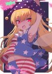  1girl american_flag_pants american_flag_shirt arm_up armpits bangs blonde_hair blue_background blue_pants blue_shirt border breasts burumanoeat clownpiece commentary_request eyebrows_visible_through_hair eyelashes eyes_visible_through_hair fairy_wings fire hair_between_eyes hand_up hat highres holding holding_torch jester_cap long_hair looking_to_the_side multicolored_clothes multicolored_pants multicolored_shirt navel neck_ruff open_mouth pants pink_fire polka_dot purple_headwear red_pants red_shirt shirt short_sleeves simple_background small_breasts smile solo standing star_(symbol) star_print striped striped_pants striped_shirt torch touhou v-shaped_eyebrows white_border white_pants white_shirt wings 