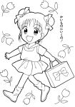  1girl bag bed_sheet boots bow bowtie child coloring_book eyebrows eyebrows_visible_through_hair eyelashes flower fushigi_yuugi hair_bow handbag happy highres looking_at_viewer monochrome open_mouth short_sleeves simple_background skirt sleeveless smile solo solo_focus tongue translated twintails walking white_background yuuki_miaka 