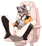  1girl ahoge animal_ears breasts cat_girl commentary doughnut eating english_commentary eyebrows_visible_through_hair female_masturbation fingering food gothic grey_hair hair_between_eyes hair_ornament holding holding_food indie_virtual_youtuber kneehighs masturbation orange_eyes punk pussy raccoon_ears raccoon_girl raccoon_tail rtil snuffy_(vtuber) socks solo tail uncensored virtual_youtuber 