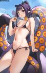  1girl absurdres bangs bare_shoulders bikini black_bikini black_hair blue_eyes blunt_bangs blush breasts cromwellb flat_chest gradient_hair groin highres hololive long_hair multicolored_hair navel ninomae_ina&#039;nis open_mouth orange_hair pointy_ears ponytail purple_hair side-tie_bikini sidelocks small_breasts solo swimsuit tentacle_hair tentacles thighs very_long_hair virtual_youtuber wet 